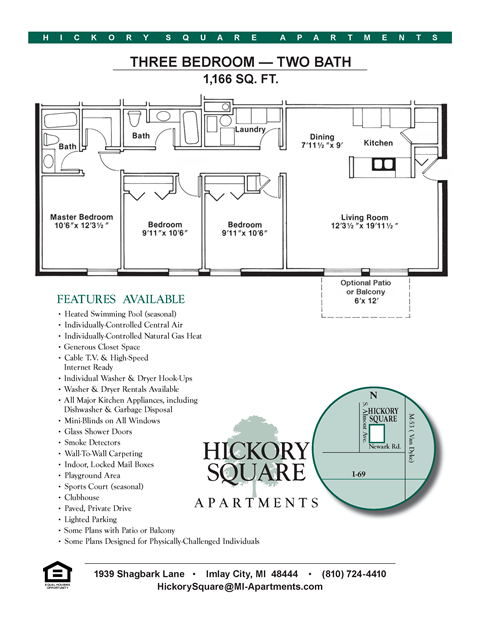 Floor plan for 3 beds, 2 baths, 1166 sqft